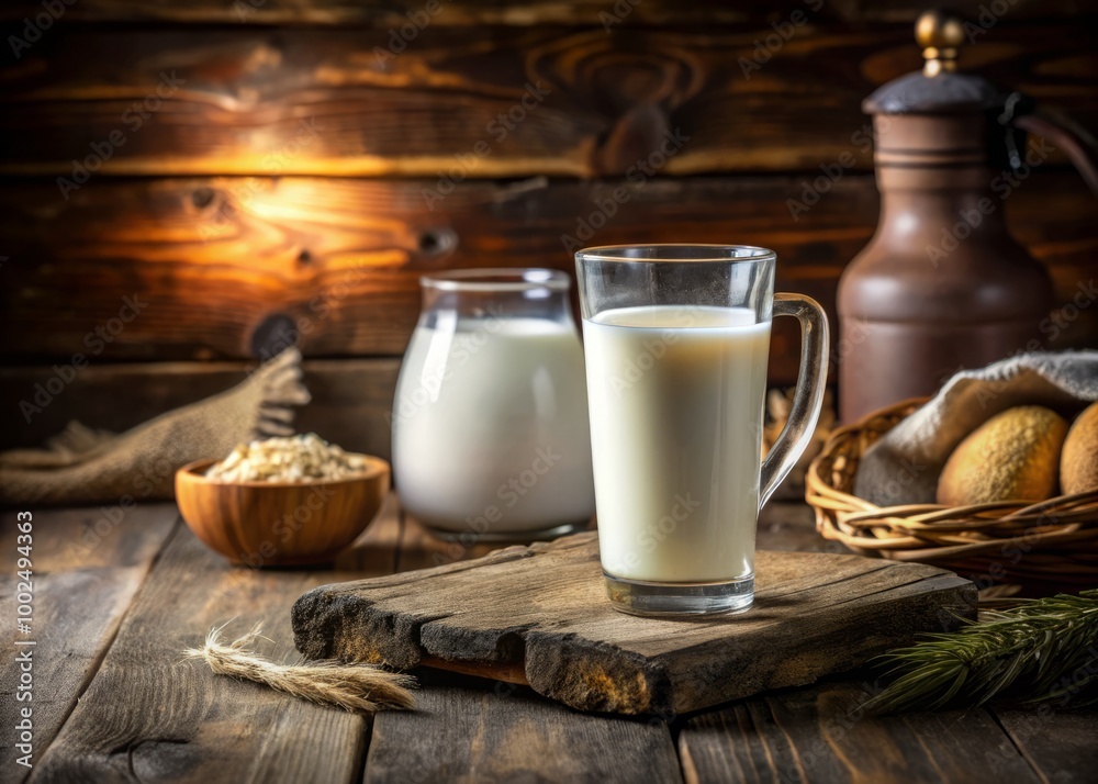 A glass of fresh milk rests on a weathered wooden table, surrounded by rustic decor, capturing the essence A glass of fresh milk rests on a weathered wooden table, surrounded by rustic decor, capturing the essence