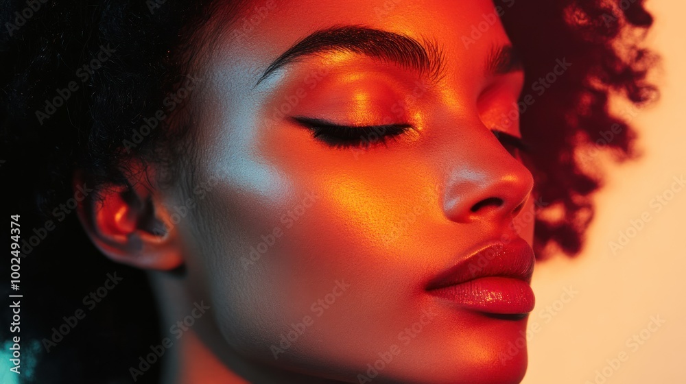 Close-up of a woman's face illuminated by red and orange light, with eyes closed and lips slightly parted. Close-up of a woman's face illuminated by red and orange light, with eyes closed and lips slightly parted.