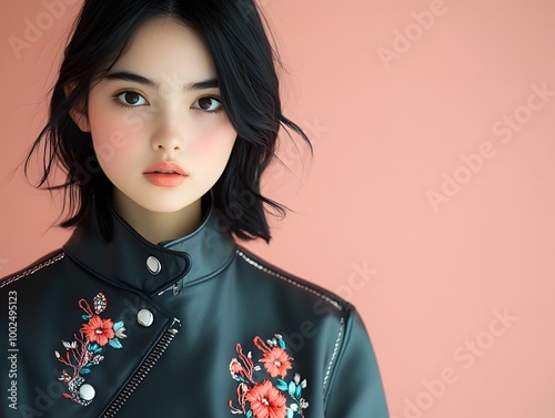 Captivating Asian Beauty in Elegant Leather Jacket with Floral Embroidery Details