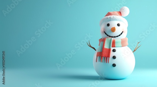 A 3D snowman with a red hat and scarf standing on a blue background.