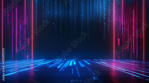 Futuristic digital background with neon lights and abstract patterns, ideal for tech-related projects and concepts.