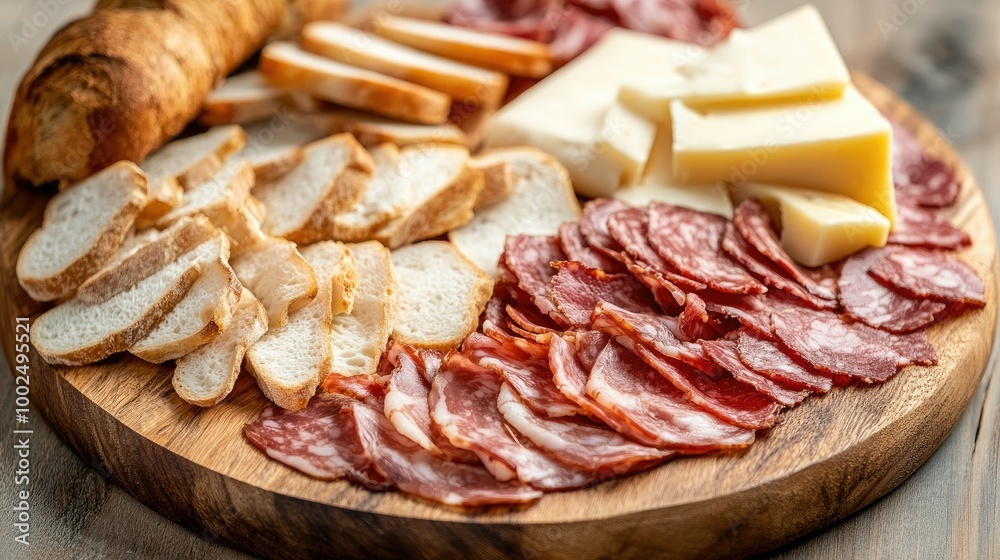 A wooden platter with thinly sliced smoked bacon, artisanal bread, and cheese, set for a charcuterie board.