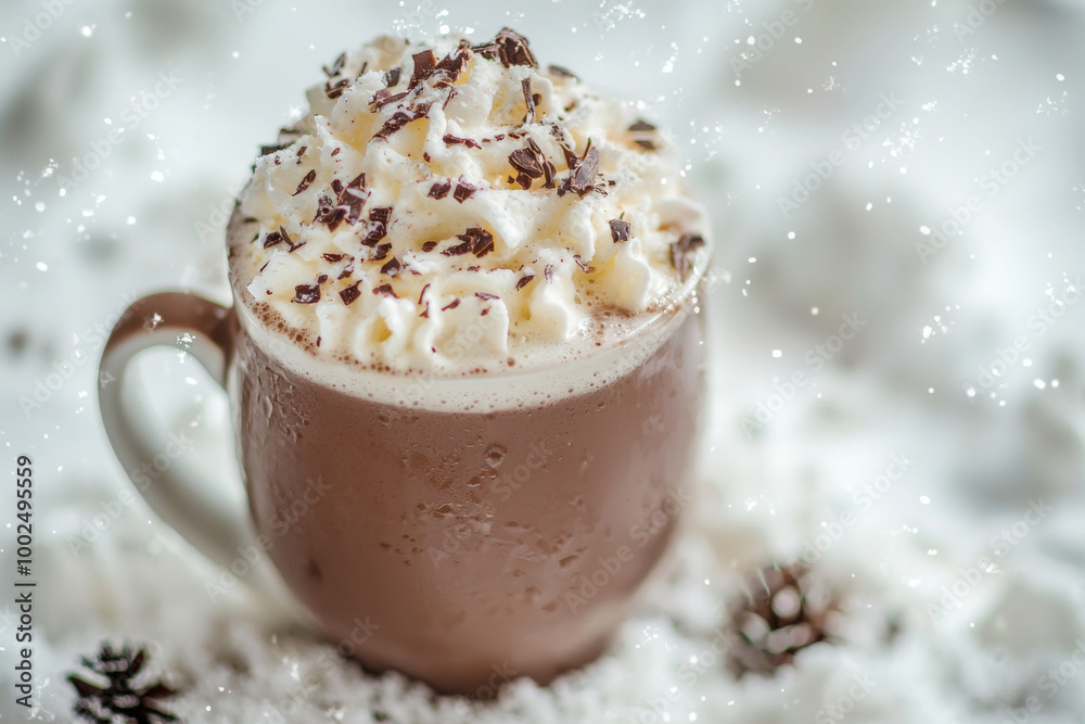 Warm cup of hot chocolate with whipped cream and chocolate shavings during winter season Warm cup of hot chocolate with whipped cream and chocolate shavings during winter season