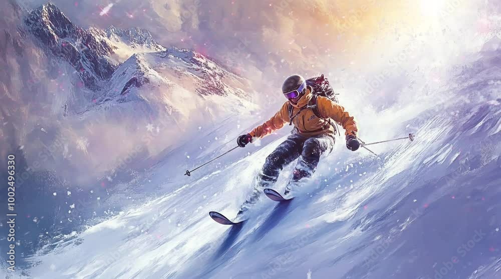someone who skis on snow. Virtual 4K video animation background with looping time lapse with very smooth graphics.