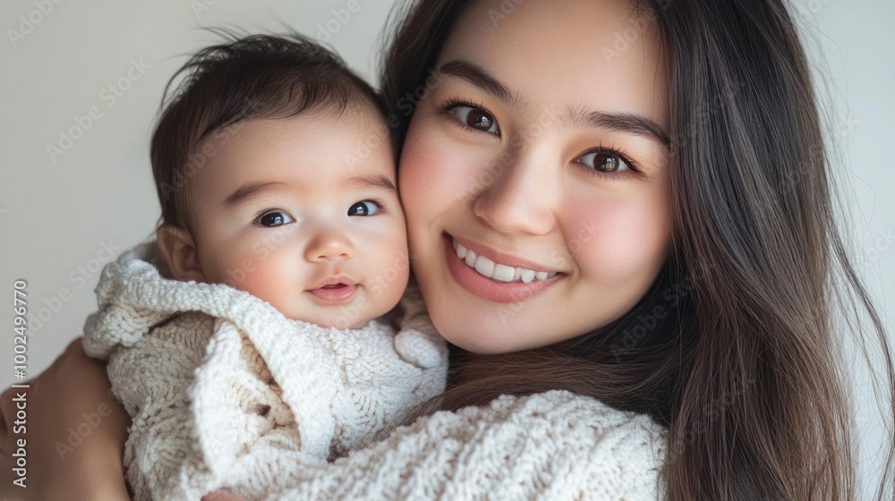 A joyful mother holds her smiling baby, showcasing a warm and loving bond. A joyful mother holds her smiling baby, showcasing a warm and loving bond.
