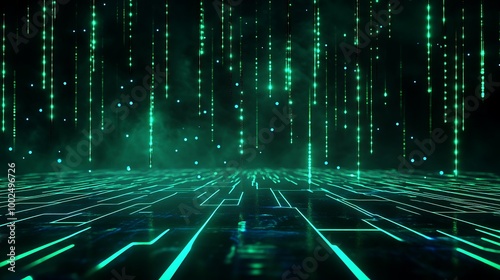 Futuristic digital environment with green light patterns and matrix-like effects.