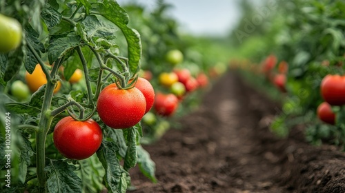 Vegetable garden with rows of tomato plants
