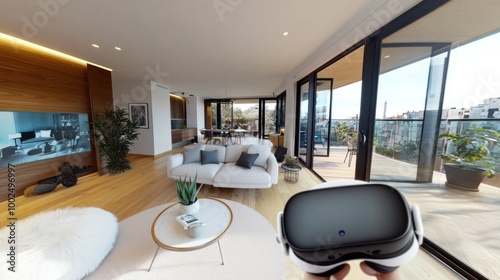 Modern Living Room with VR Headset and City View photo