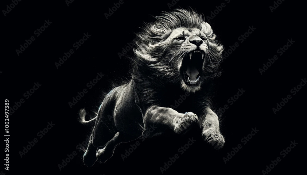 Fototapeta premium Powerful black and white illustration of a roaring lion mid-leap against a dark background
