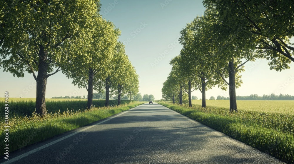 Ground-level view of a quiet country road, lined with trees and grass on both sides, with a lone car driving in the distance under a clear sky. Ground-level view of a quiet country road, lined with trees and grass on both sides, with a lone car driving in the distance under a clear sky.