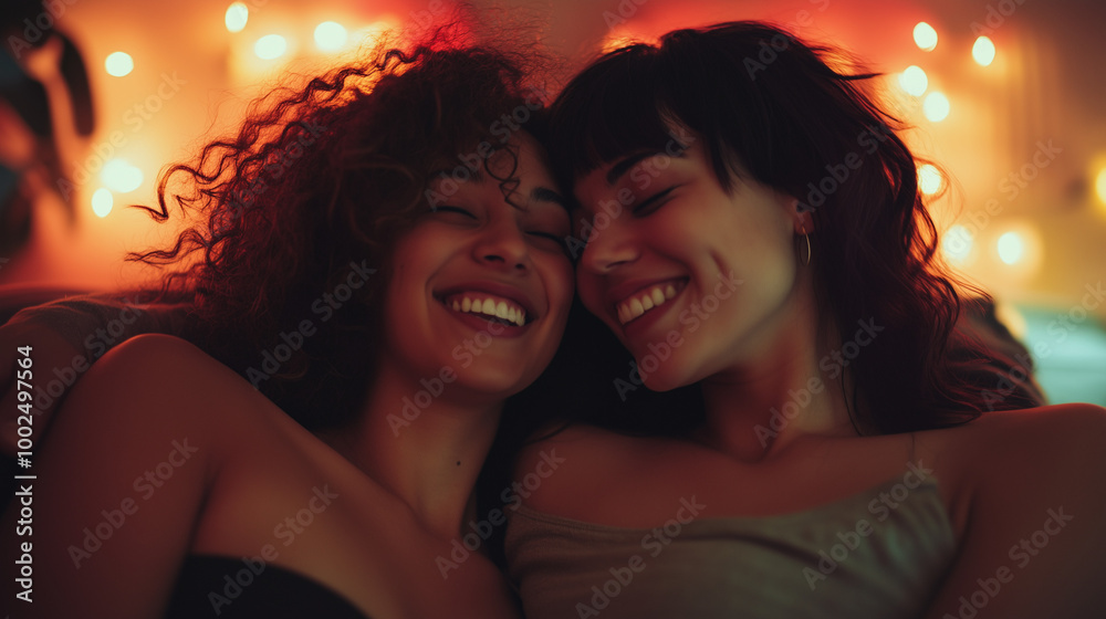 Cheerful couple of lesbian women in love at home
