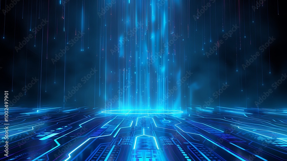 Futuristic digital landscape with blue light streams and circuit patterns. Futuristic digital landscape with blue light streams and circuit patterns.
