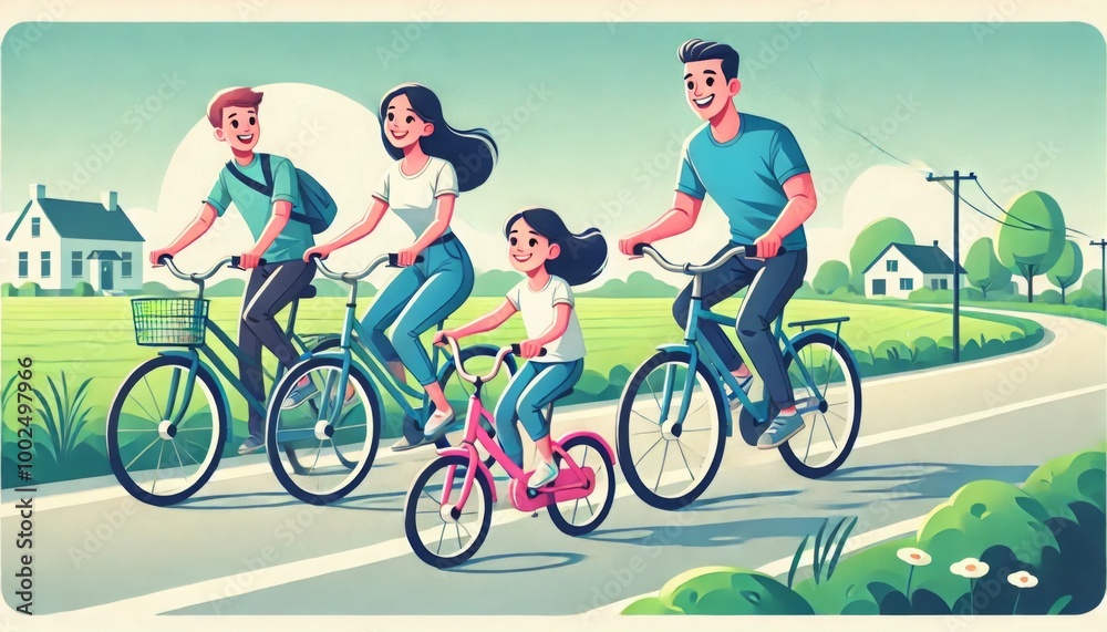 Fototapeta premium The joyful cartoon-style illustration of the family riding bicycles on a beautiful countryside road