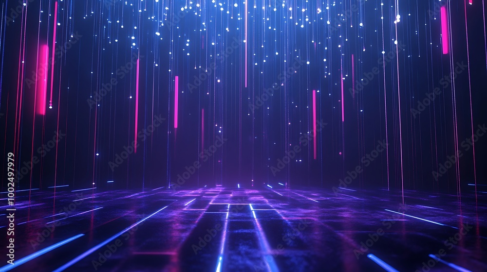 Futuristic digital landscape with bright neon lights and glowing lines creates a vibrant and abstract atmosphere.