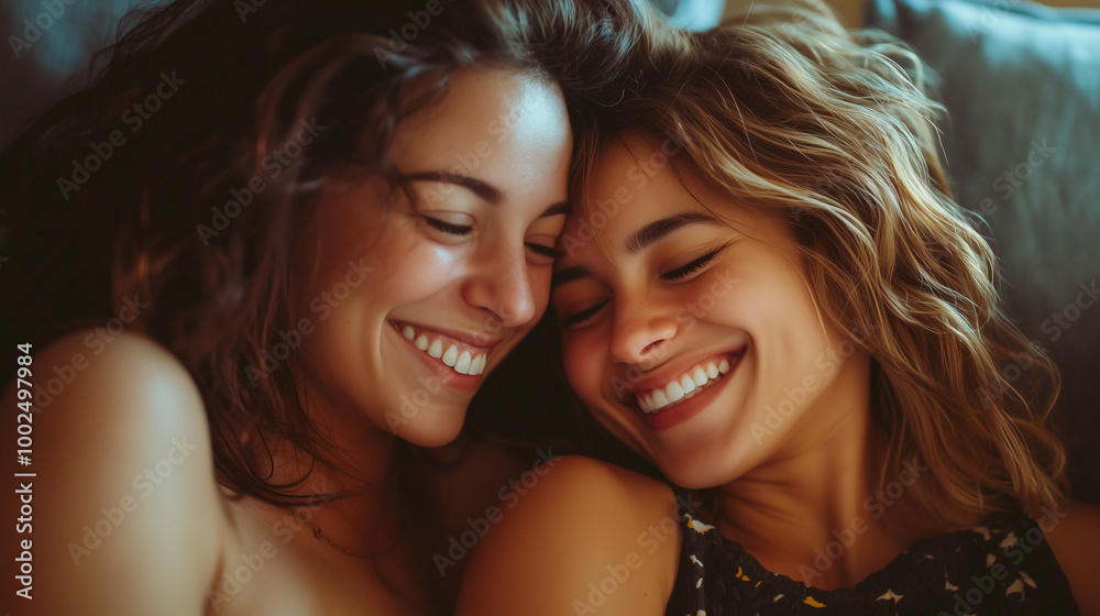 Cheerful couple of lesbian women in love at home
Cheerful couple of lesbian women in love at home