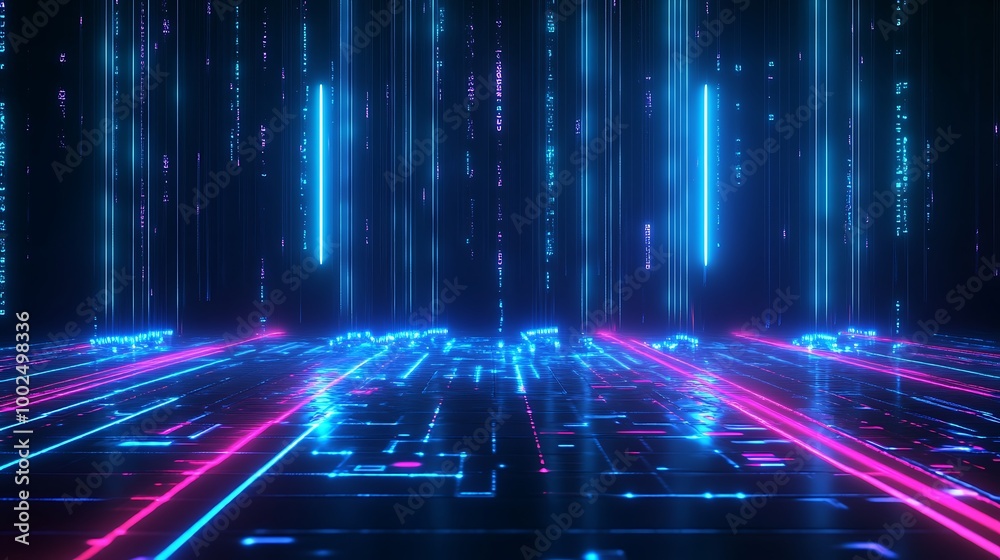 Futuristic digital landscape with glowing blue and pink lights. Abstract data visualization on a dark background. Futuristic digital landscape with glowing blue and pink lights. Abstract data visualization on a dark background.