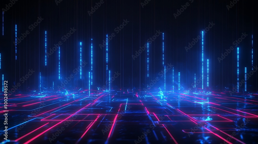 Futuristic digital landscape with glowing blue and red lines creating a high-tech vibe. Futuristic digital landscape with glowing blue and red lines creating a high-tech vibe.