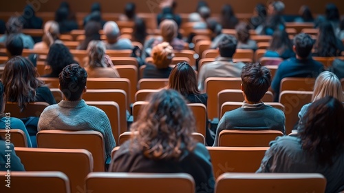 A group of people sitting in an auditorium, listening to someone giving their views on something