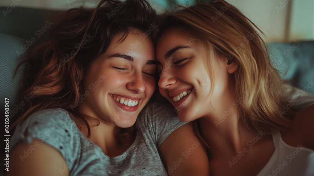 Cheerful couple of lesbian women in love at home
