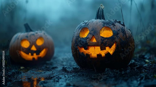 Realistic close up pumpkin lantern with spooky light effect, halloween celebration background in autumn. AI generated