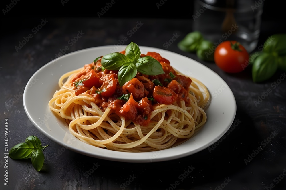 Classic Spaghetti with Tomato Sauce and Basil on Dark Background Classic Spaghetti with Tomato Sauce and Basil on Dark Background