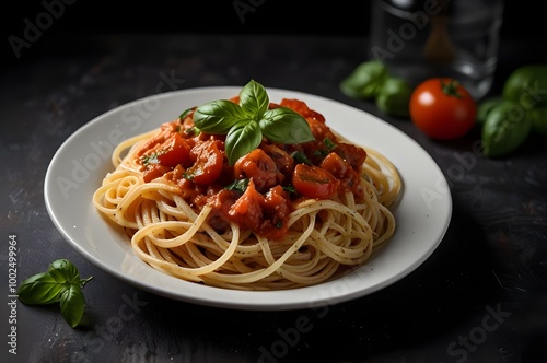 Classic Spaghetti with Tomato Sauce and Basil on Dark Background 