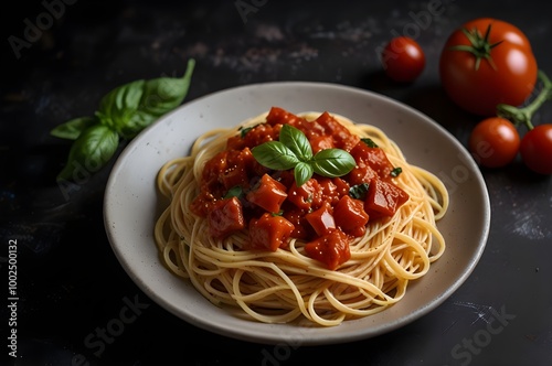Classic Spaghetti with Tomato Sauce and Basil on Dark Background 