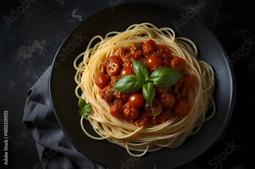 Classic Spaghetti with Tomato Sauce and Basil on Dark Background 