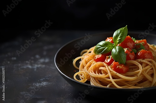 Classic Spaghetti with Tomato Sauce and Basil on Dark Background 