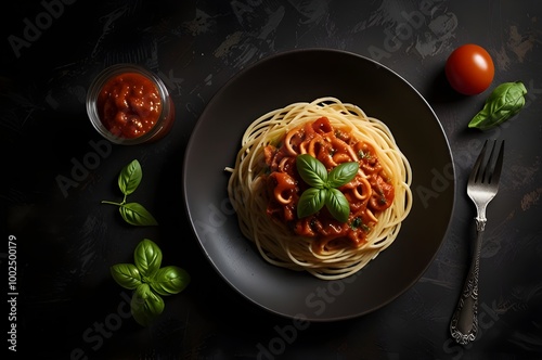 Classic Spaghetti with Tomato Sauce and Basil on Dark Background 
