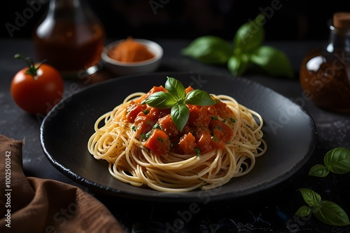 Classic Spaghetti with Tomato Sauce and Basil on Dark Background 