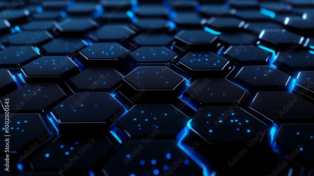 Abstract hexagonal pattern glowing in blue light against a dark background, creating a futuristic digital atmosphere