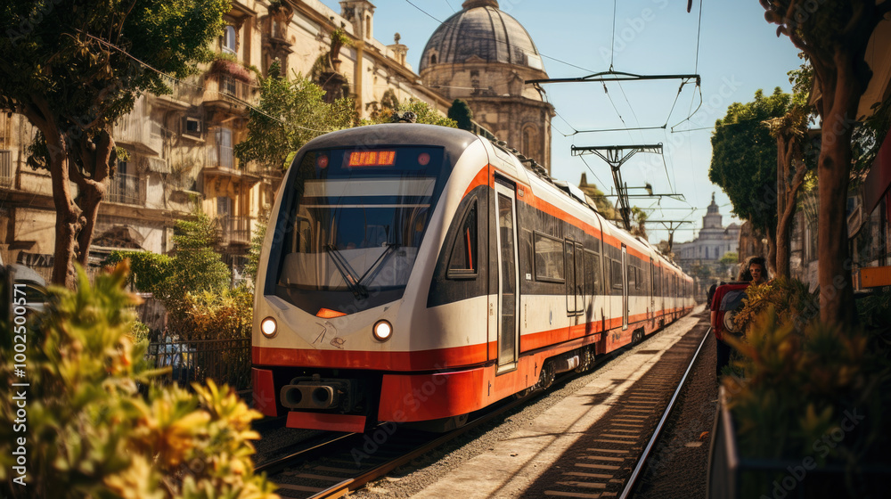 Fototapeta premium A vibrant red and white trolley is traveling down a busy city street, showcasing the unique urban landscape around it and facilitating travel opportunities
