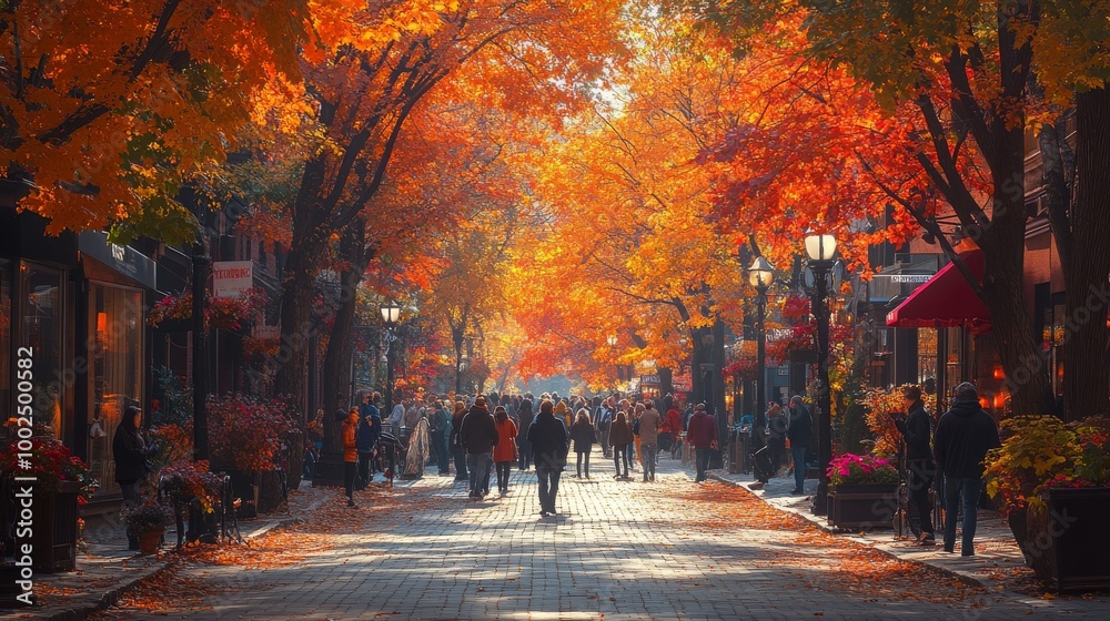 Colorful autumn trees line a bustling city street filled with people enjoying the season Colorful autumn trees line a bustling city street filled with people enjoying the season