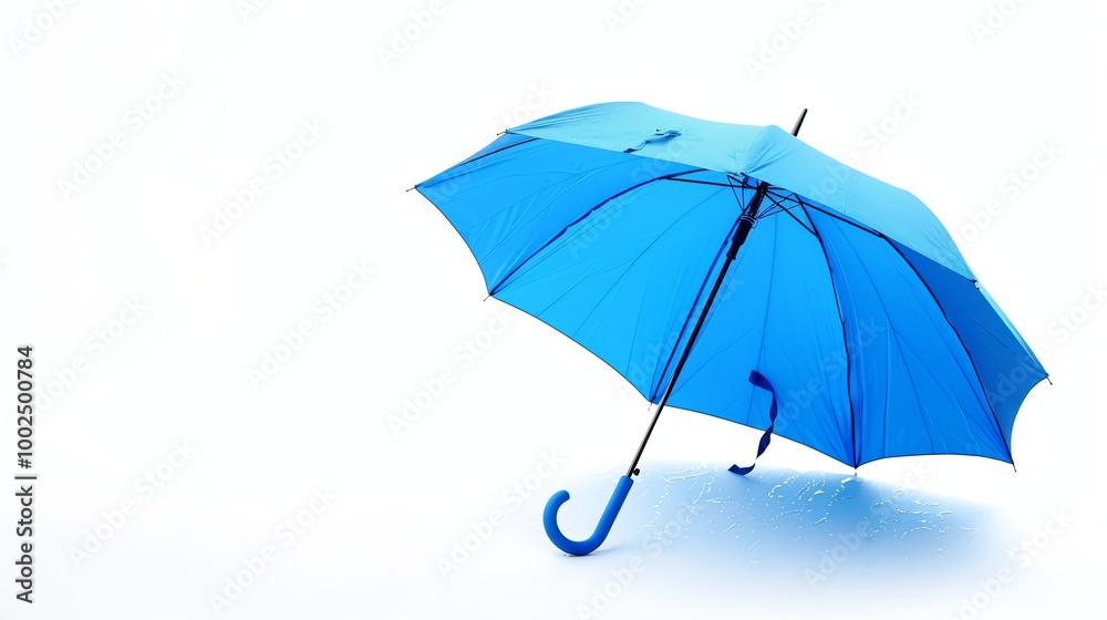 A blue umbrella lies closed on a white background. A blue umbrella lies closed on a white background.