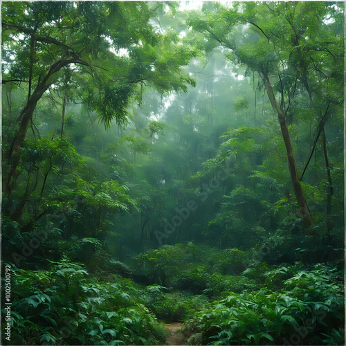 Artistic illustration. Rainy day in green dense tropical forest