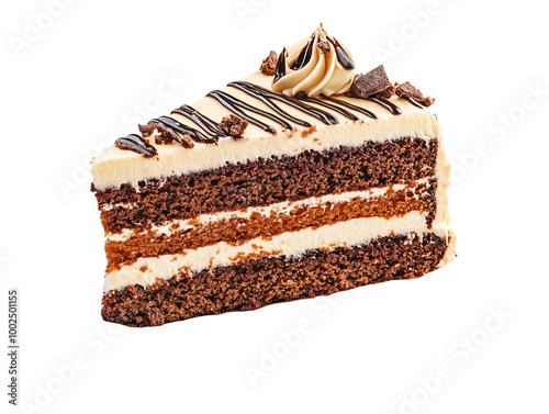 a piece of cake with white frosting and chocolate chips