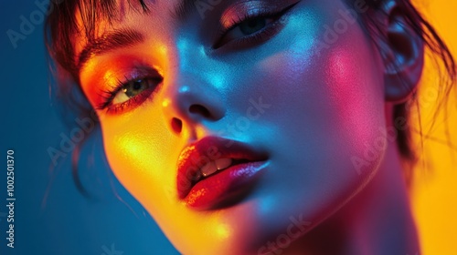 Close-up Portrait of a Woman with Colorful Lighting on Her Face