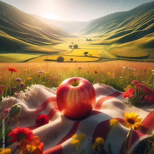 A breathtaking landscape scene with a Fuji apple prominently placed on a picnic blanket in a sprawling meadow, surrounded by wildflowers and gently rolling hills. photo