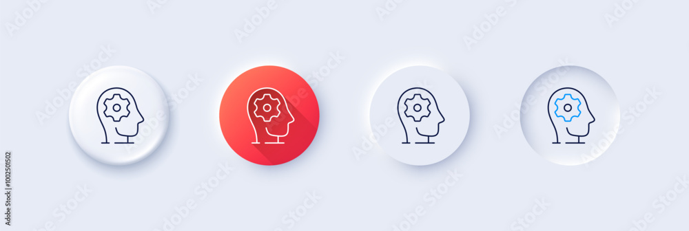 Brain working line icon. Neumorphic, Red gradient, 3d pin buttons. Psychology therapy sign. Mental health symbol. Line icons. Neumorphic buttons with outline signs. Vector Brain working line icon. Neumorphic, Red gradient, 3d pin buttons. Psychology therapy sign. Mental health symbol. Line icons. Neumorphic buttons with outline signs. Vector
