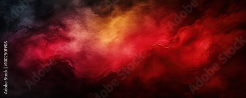 Colorful abstract swirl of red, orange, and black smoke on a dark background.