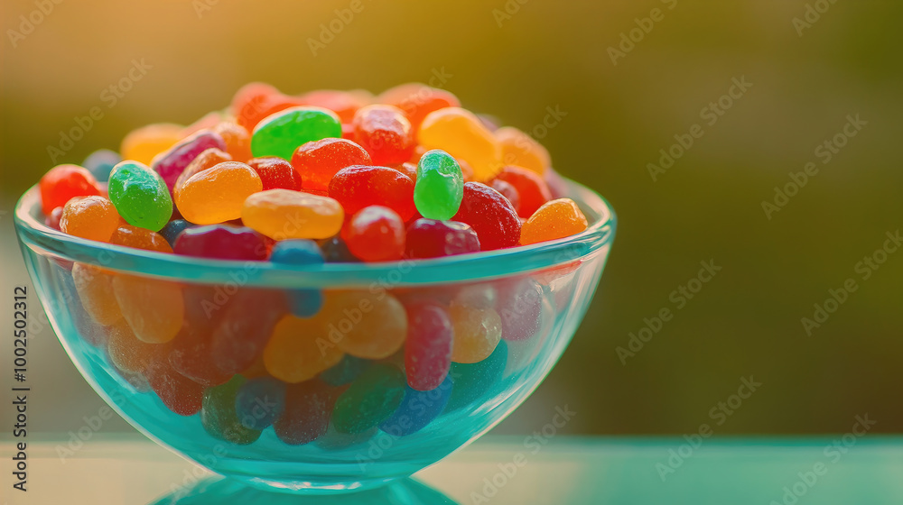 clear glass bowl filled with colorful jelly beans on a blurred background clear glass bowl filled with colorful jelly beans on a blurred background