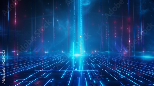 Futuristic digital landscape with glowing lines and beams in vibrant colors, representing advanced technology and innovation.