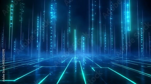 Futuristic digital landscape with glowing lines and data streams, isolated on dark background.