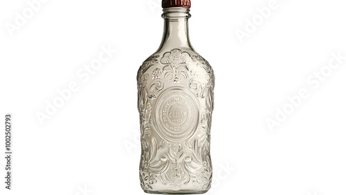 a clear glass bottle with a red cap

