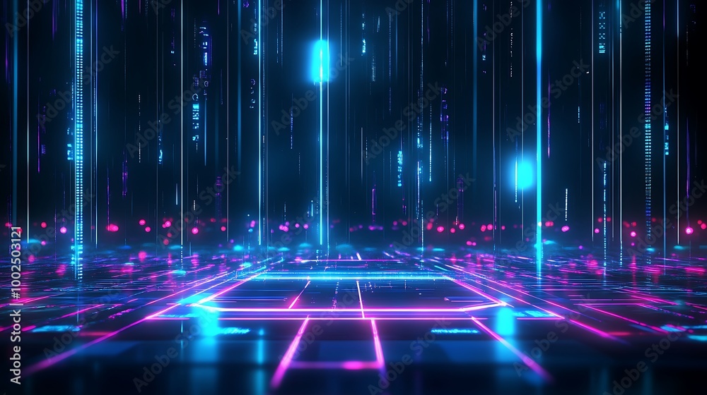 Futuristic digital landscape with glowing lines and particles, creating a cybernetic atmosphere. Futuristic digital landscape with glowing lines and particles, creating a cybernetic atmosphere.