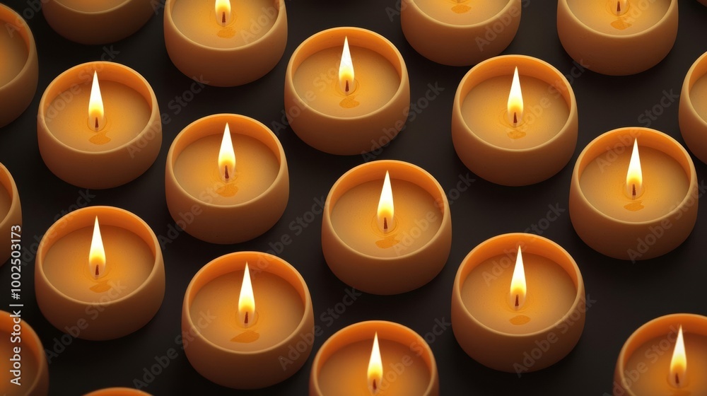 Multiple lit candles arranged in a mesmerizing pattern on a dark surface. Multiple lit candles arranged in a mesmerizing pattern on a dark surface.