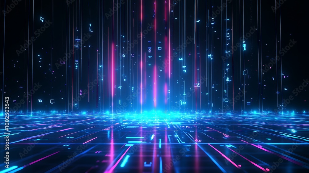 Futuristic digital landscape with glowing lines and streams of data in vibrant colors. Futuristic digital landscape with glowing lines and streams of data in vibrant colors.
