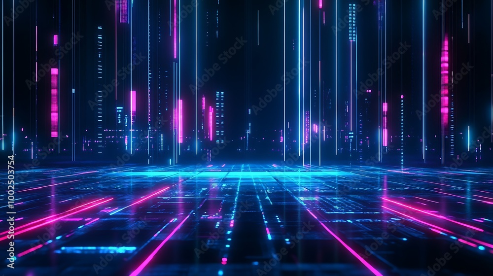 Futuristic digital landscape with glowing lines and vibrant colors, showcasing an abstract cyber world. Futuristic digital landscape with glowing lines and vibrant colors, showcasing an abstract cyber world.