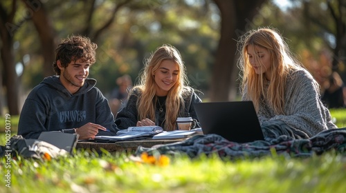 Friends Enjoying Study Session Together at a Park Picnic Table on a Sunny Afternoon